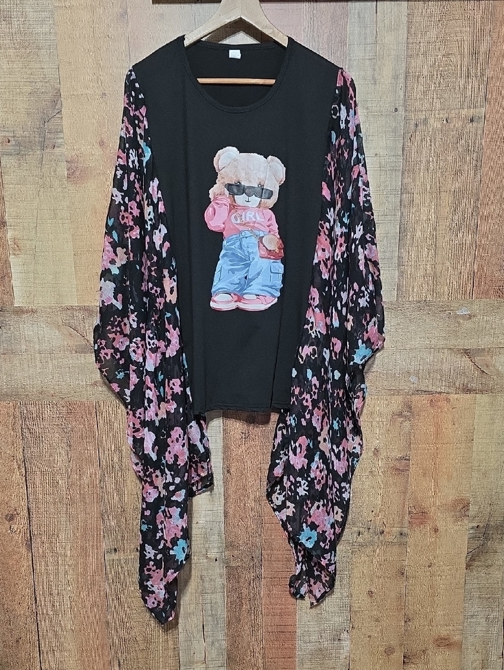 Upcycled Black Graphic Teddy Tee with Floral Kimono